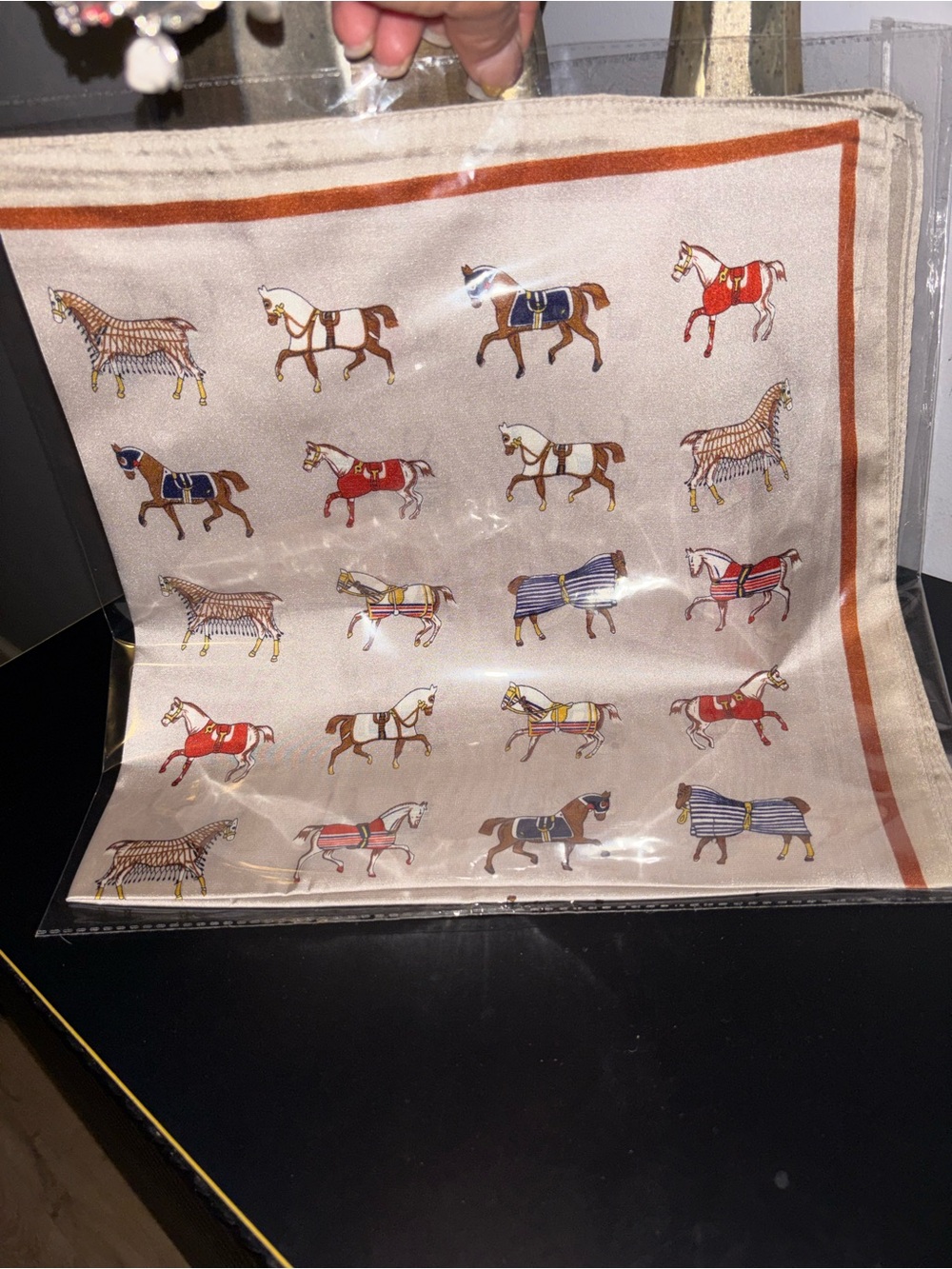 Equestrian Horse Print Silk Scarf - Beige with Red & Blue Accents